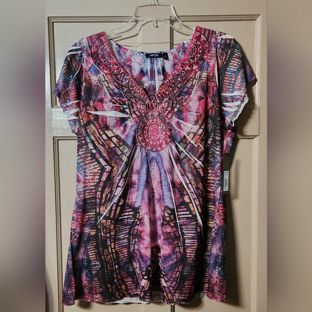 NWT Apt 9 Flutter Sleeve V-Neck Sumblimation Applique Top Pink Purple XL